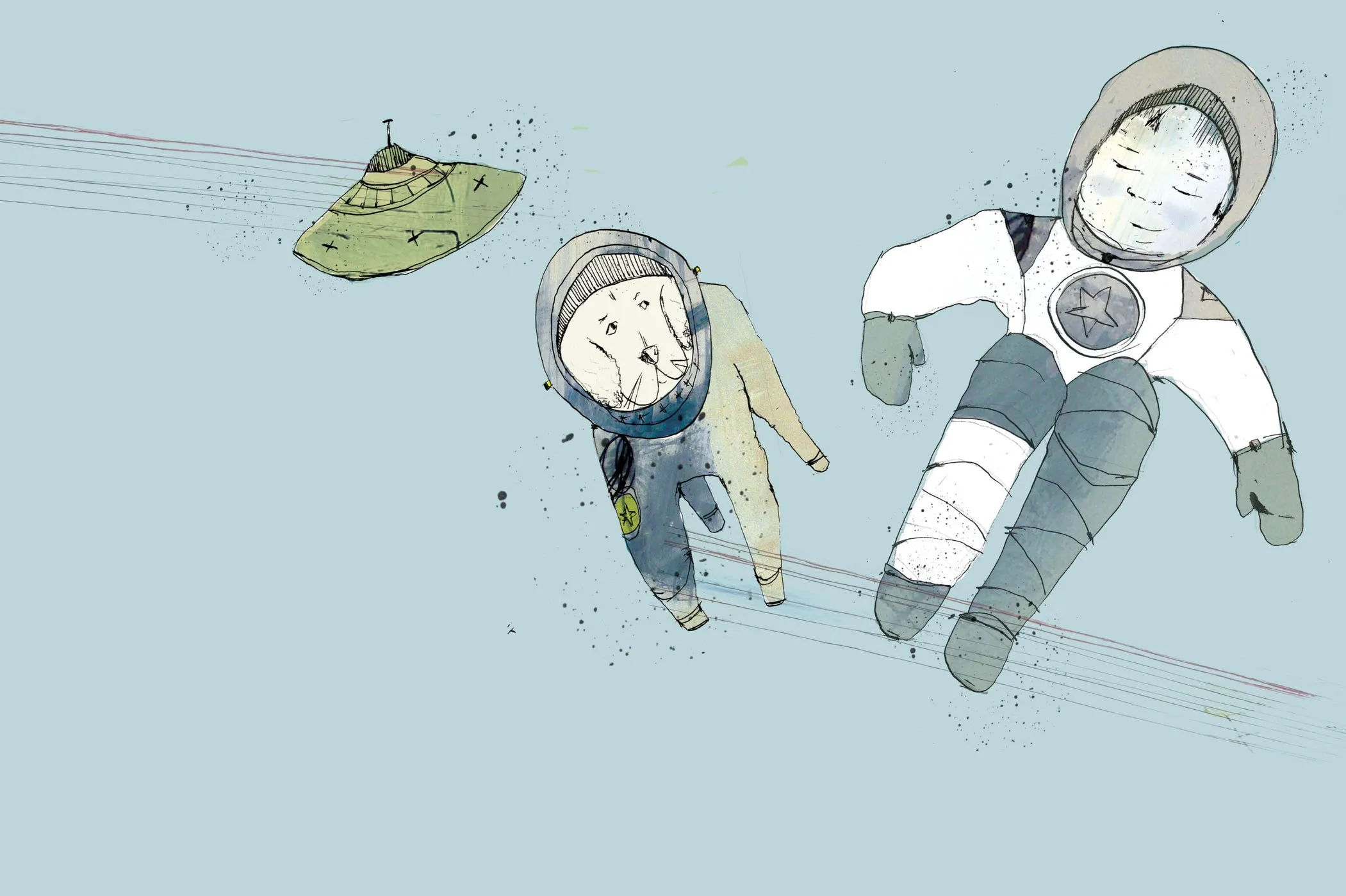 I kredsløb om jorden. Tegning af Tanja Eijgendaal til Jens Peter Madsens fortælling